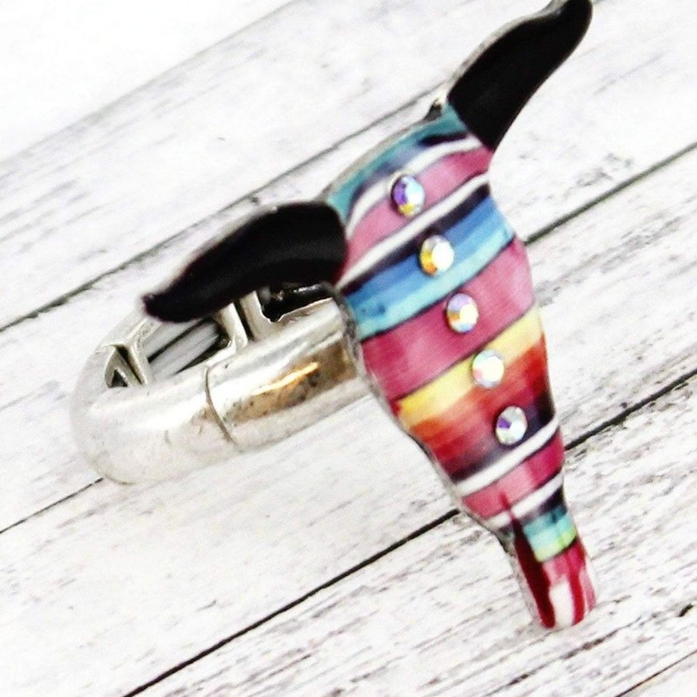 Serape Steer Head Boho Hippie Cowgirl gypsy Southwestern Silvertone stretch ring - Picture 2 of 8